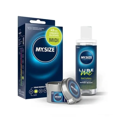 Imagen de paquete de ahorro MY.SIZE con preservativos 49 mm, 10 + lubricante natural 100 ml vela masaje