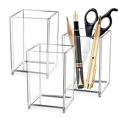 Imagen de Portalapices de Acrilico Transparente para Escritorio 3 Piezas Portalápices Cuadrado Organizador Mesa Soporte Acrílico Papelería Bolígrafo Lapices Maquillajes Oficina Casa,10*6.5cm