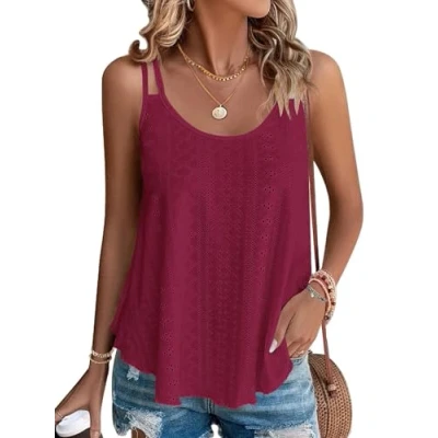 Imagen de WNEEDU Camisetas sin Mangas de Verano para Mujer Chalecos Top Loost Fit Camisas Casuales Chaleco Bordado con Ojales Blusas Cami Camisola Borgoña S