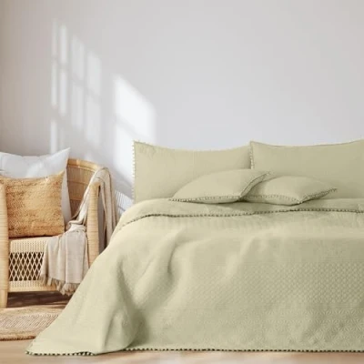 Imagen de AmeliaHome Colcha con Pompones (200 x 220 cm), Color Beige