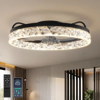 Imagen de YUNLONG Ventilador de Techo con Luz y Mando a Distancia Silencioso dc Lampara Sin Aspas Cristal Ventiladores Modernos Temporizador Regulable 6 Velocidades para Dormitorio,Negro