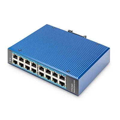 Imagen de DIGITUS Conmutador de Red 16 Puertos Gigabit Ethernet 16x RJ45 No gestionado 10/100/1000 Mbps Carril DIN y Montaje en Pared IP40 Serie Industrial Azul