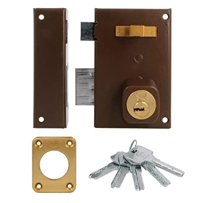 Imagen de Amig Cerradura de Sobreponer Izquierda con Palanca Cierre Lengüeta y Tirador para Puertas Madera Mod. 75, 72 x 112 mm Cilindro Redondo Seguridad Acero Marrón