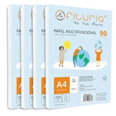Imagen de Paquete de folios A4 90gr con 1000 Hojas Blancas, Papel Multifuncional para Uso Escolar y Entornos Laborales. Ideal impresoras láser, inyección o fotocopiadoras Ofituria