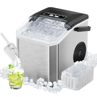 Imagen de Maquina de Hielo 15kg/24h,130W Para Casa 8 Cubitos en 6 Minutos,Ice Maker con Función Autolimpieza,Con Pala y Cesta Hielo,2 Tamaños La Cocina,