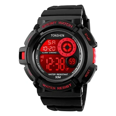 Imagen de TONSHEN Grande Digital Reloj Hombre Deportivo Impermeable 50M Resistente al Agua Multicolor LED Luz Multifuncional Outdoor Militar Electrónica Plastico Relojes de Pulsera y Goma Correa (Rojo)