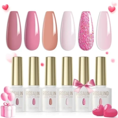 Imagen de ROSALIND Esmaltes Semipermanentes para Uñas Rosa Claro Marrón Brillo 6 Colores Kit Pintauñas de Gel UV LED en Nail Polish Esmalte Valentín