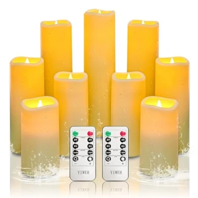Imagen de velas sin llama led impermeables, parpadeantes con pilas para interiores al aire libre Temporizadores remotos,juego de plástico marfil 9 D2,2&quot;xH4&quot;5&quot;6&quot;7&quot;8&quot;9&quot;para decoración fiestas