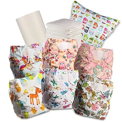 Imagen de Littles &amp; Bloomz Pañal reutilizable para bebé, con velcro estándar, 6 pañales + entredós, 1 forro de bambú desechable, bolsa húmedos, 603VM6