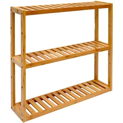 Imagen de DuneDesign Estantería Pared Bambú 60x54x15 Estante de Madera Baño Cocina Soporte Planta