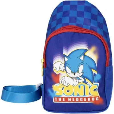 Imagen de Mochila Bandolera de Sonic Color Azul 13x23x7cm Fabricada en Poliéster Infantil con Asas Ajustables Compartimento Principal Producto Original Diseñado España