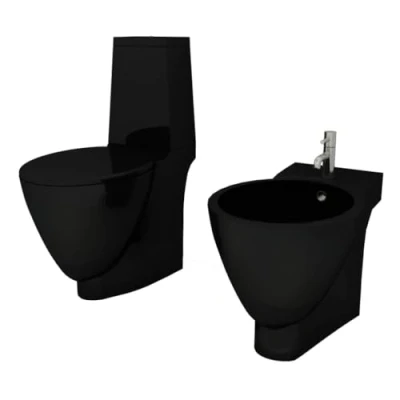 Imagen de vidaXL Set de Inodoro y Bidé Suelo Pie Cerámica Negro WC Váter Retrete Bidet