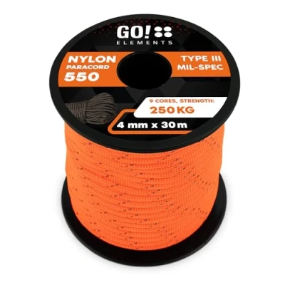 Imagen de GO!elements 30m Paracord de Nylon a Prueba desgarros 4mm 550 Typo III Cuerda Adecuado como Yute &amp; Gruesa MAX. 250kg, Color: Naranja Reflectante