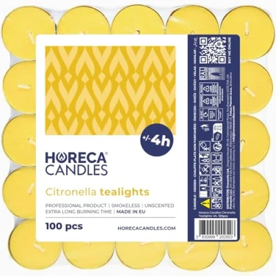 Imagen de Horeca Candles Velas de Té con Citronela Lote 100 Perfumadas Duración Combustión 4 Horas Amarillas Candelitas Para Exteriores, Balcón, Picnic, Camping