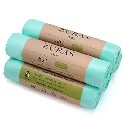 Imagen de ZURAS® Bolsas de basura orgánica 60 litros 75 unidades, compostables, biodegradables, con base vegetal, certificadas y probadas según DIN EN 13432, resistentes al desgarro e impermeables