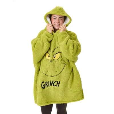 Imagen de The Grinch Manta portátil de gran tamaño para adultos Jersey con capucha navideño bordado esponjoso forro polar Sherpa hombre y mujer Ropa estar por casa