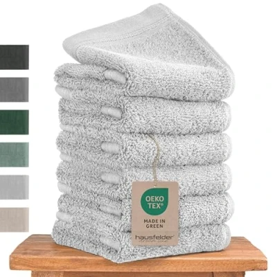 Imagen de Hausfelder Set de toallas invitados Premium con lazo para colgar 100% algodón certificado Oeko TEX, pequeñas, suaves y absorbentes (gris claro, 6 pequeñas 50x30 cm)