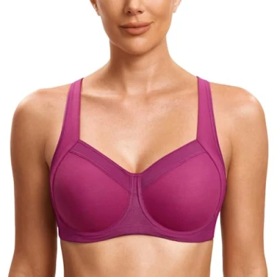 Imagen de SYROKAN Sujetador Deportivo Mujer Alto Impacto con Aros y Espalda Cruzada sin Forro Magenta Púrpura 95E