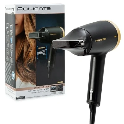 Imagen de Rowenta Express Style CV1811 Secador de pelo para viaje 1600W, función Eco, tecnología avanzada, reduce encrespamiento, 220 240V, golpe aire frío, incluye concentrador, negro y dorado