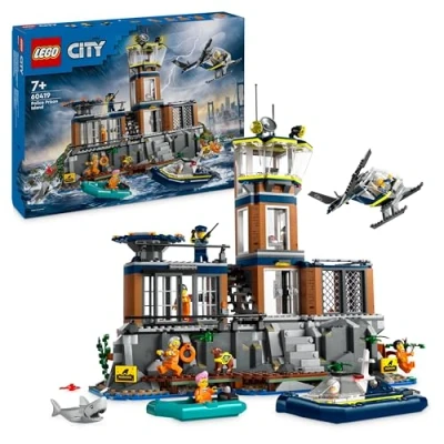 Imagen de LEGO City Isla Prisión de la Policía, Regalo Navideño para Niños y Niñas 7 Años o Más, Helicóptero, Barco, Lancha Cárcel Juguete, Minifiguras Figuras Animales Perro Tiburón 60419