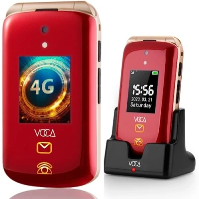Imagen de VOCA V543 Teléfono móvil de Tapa para Mayores, Botones y Teclas Grandes, Pantalla Dual, 4G LTE, Volumen Alto, Botón SOS Compatibilidad con audífonos Base Carga Texto predictivo (Rojo)