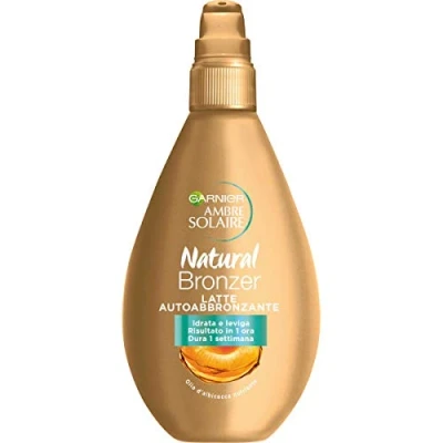 Imagen de Garnier Ambre Solaire Leche autobronceador natural Bronzer, resultado visible en 1 hora, enriquecida con aceite de albaricoque nutritivo, fórmula vegana, 150 ml