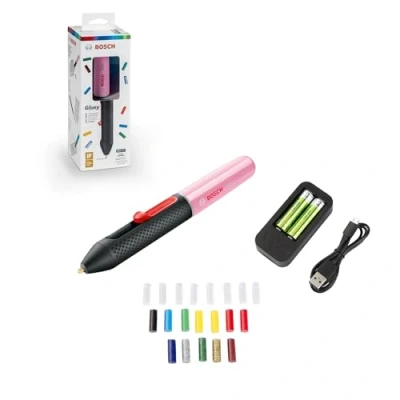 Imagen de Bosch Home and Garden Lápiz de pegar gluey con cargador micro USB y 20 barras pegamento mini, Rosa, 2 Pilas AA