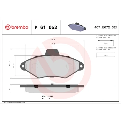 Imagen de BREMBO P 61 052 Juego de pastillas freno con contacto avisador desgaste sin accesorios CITROËN: Xantia Familiar, Hatchback