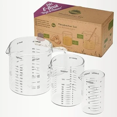 Imagen de TreeBox Taza medidora de vidrio con pico 3 piezas Resistente al calor y apto para microondas Diferentes unidades medida Perfecto hornear, cocinar mezclar