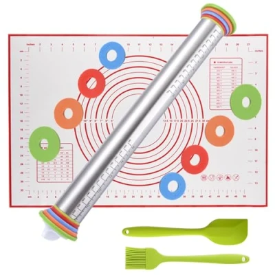Imagen de feixia Rodillo Antiadherente de Acero Inoxidable 17 &#039;&#039; con Anillos Grosor Ajustable para Hornear Galletas Chapati Fondant Dough Pastry Pizza Pie Crust