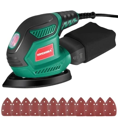 Imagen de HYCHIKA Lijadora Madera, 200W Eléctrica 14000RPM con Motor de Cobre Puro, Multifuncional Recogida Polvo, 12PCS Lija (240/120/80 Grano), Mouse para Múltiples Esquinas, Madera