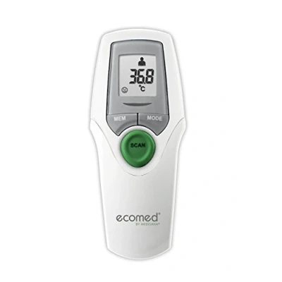 Imagen de ecomed TM 65E Termómetro clínico, Sin contacto, Infrarrojos, frontal preciso, Para bebés, niños pequeños y adultos, Incluye función de memoria, Temperatura ambiente, fluidos