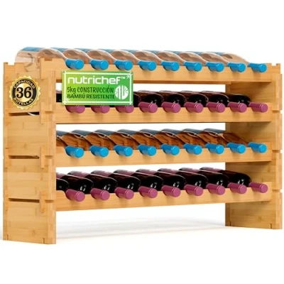 Imagen de SereneLife botellero Vino Madera, Wine Rack, Vinera, Apilable, para 36 Botellas, 4 Niveles, Bambu, Estanteria Modular