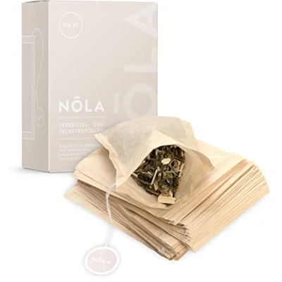 Imagen de NOLA Bolsas de té desechables para suelto (100 unidades), biodegradables y reciclables, con cordón, 9,5 x 8 cm, también aptas tetera, color marrón