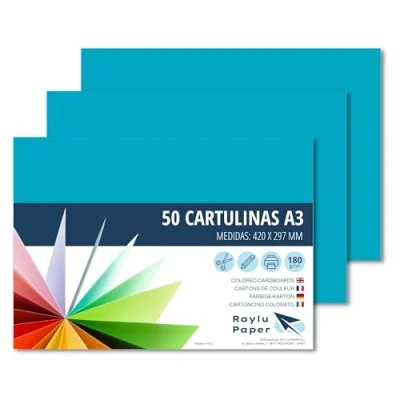 Imagen de Raylu Paper® Cartulinas A3 50 Unidades, 180g/m², 420 x 297 mm. de colores con tacto suave, perfectas para encuadernación, oficina, dibujo y manualidades. (Turquesa)