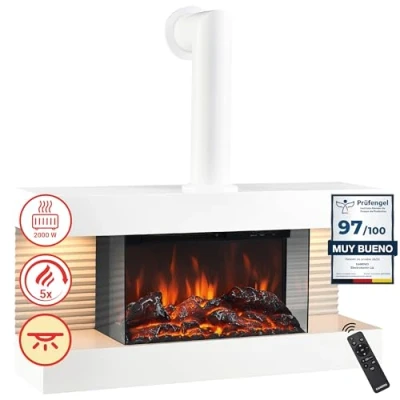 Imagen de KAMINIO eléctrica Chimenea Liz de Pared con calefacción, Efecto Llama 3D, Luz Ambiental LED, Control Remoto Blanco (con Tubo chiminea)