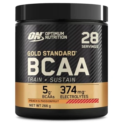 Imagen de Optimum Nutrition Gold Standard BCAA Train + Sustain, Aminoácidos Polvo Pre Entrenamiento, Bebida Deportiva con Vit. C, Zinc, Magnesio y Electrol., Sabor Melocotón Fruta de la Pasión, 28 Por., 266 g