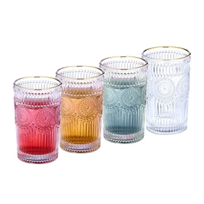 Imagen de Relaxdays Set 4 Vasos Vintage, Aptos para Lavavajillas, 400ml, Cristalería Retro Marco Dorado, Agua y Zumo, Transparente
