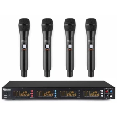 Imagen de Power Dynamics PD504B UHF Set de 4 micrófonos Mano inalámbricos, Receptor con Pantalla Digital y Salida balanceadas Individuales sin interferencias, Sistema UHF, Incluye Maleta Transporte