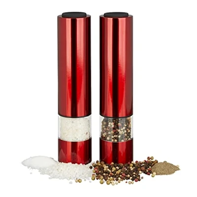 Imagen de Relaxdays Pack Molinillo Eléctrico con LED, Acero Inoxidable, Rojo, 2 Unidades