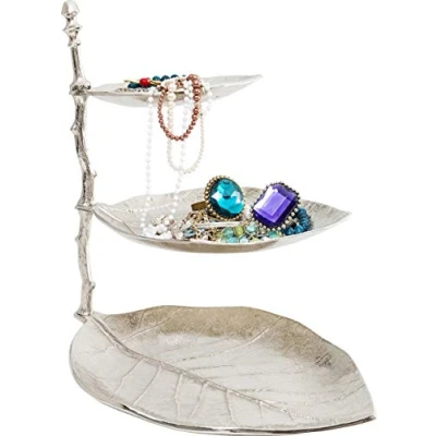 Imagen de Kare Design bandeja Deco Leaf Plateado, tres compartimentos de almacenamiento, aspecto hoja, soporte para joyas, accesorio, decoración, almacenamiento,46x32x45cm