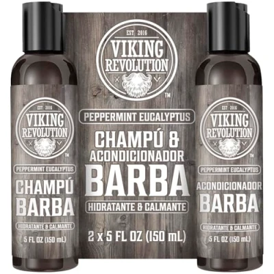 Imagen de Viking Revolution Juego de Champú y Acondicionador Barba con Aceites Argán Jojoba Hombre que Suaviza, Alisa Fortalece el Crecimiento Aroma Natural Menta Eucalipto 2x150 ml