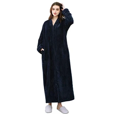 Imagen de Kinloy bata de baño lujo para mujer, con cremallera, longitud completa, forro polar, ligera, esponjosa, lujo, dormir, azul marino, M