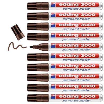 Imagen de edding 3000 marcador permanente marrón oscuro 10 rotuladores punta redonda 1,5 3 mm indeleble de secado rápido resistente al agua y a los borrones cartón plástico madera metal universal
