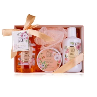 Imagen de Accentra Set de ducha mujer HONEY JASMINE en preciosa caja cuidado 4 piezas gel ducha, loción corporal, manteca corporal y esponja red regalo para San Valentín Día la Madre