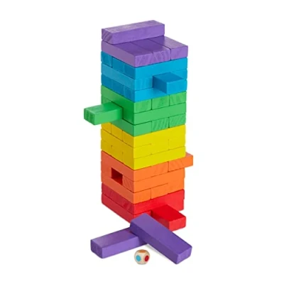 Imagen de Relaxdays Torre de Madera, 48 Bloques Apilables, con Dado, A Partir 3 años, 1 Ud, 22,5 x 7,5 cm, Multicolor