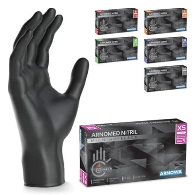 Imagen de ARNOMED guantes nitrilo negro talla XS, de nitrilo, caja 100 unidades, negros sin polvo y látex, desechables, mecanico en S, M, L, XL, XXL