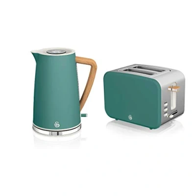 Imagen de Swan Nordic Set Desayuno Hervidor de agua inalámbrico 1,7L 2200W, Tostadora Pan ranura ancha 2 rebanadas, 3 funciones, diseño moderno, efecto madera, verde