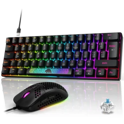 Imagen de Teclado y ratón, Mecánicos Gaming Combo Rainbow Retroiluminación,Teclado Ratón con Cable,ratón Gaming,12 Multimedia Keys, Anti Fantasma, programable 6400DPI Negro