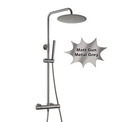 Imagen de Görbach Columna de ducha con Rubinetto Termostatico, sistema acero inoxidable, grifo mezclador termostático, alcachofa mano, barra ducha, Cabezal D25cm Gris bronce cepillado
